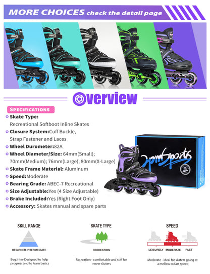 2PM SPORTS Inline Skates für Kinder, verstellbar, 82A PU-Rollen