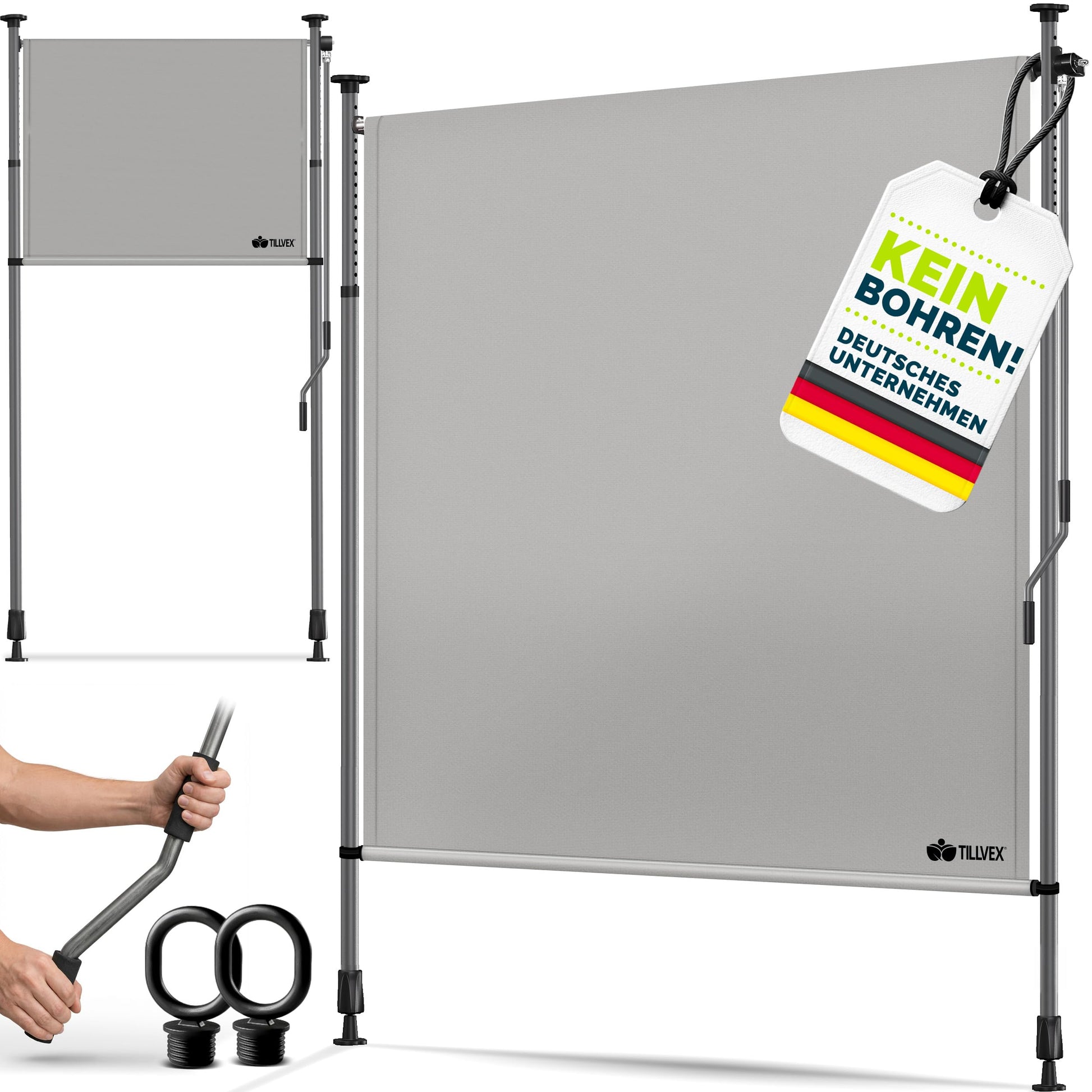 tillvex Klemmmarkise Senkrechtmarkise mit Handkurbel, Grau, 200x310 cm, graues Polyestergewebe mit Aluminiumgehäuse