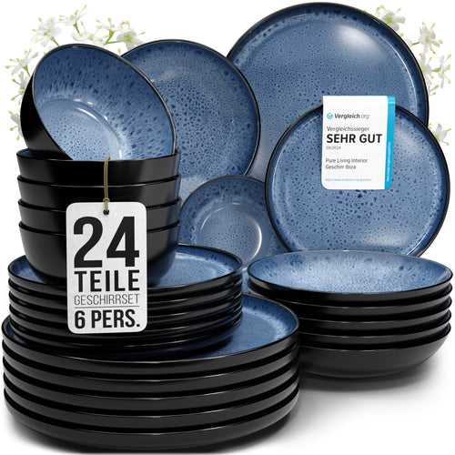 Pure Living Ibiza Steingut Geschirrset - 6 Personen Tiefblau