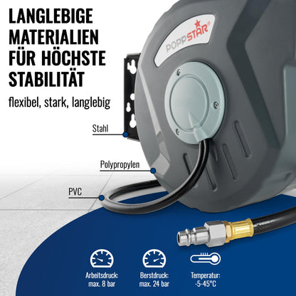 Poppstar Druckluftschlauchtrommel 10 m mit Automatik-Aufroller, grau