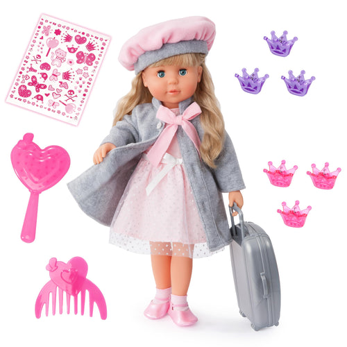 Bayer Design Funktionspuppe Charlene mit Haaren und Schlafaugen, 46 cm, blonde Haare, Outfit in Rosa und Grau