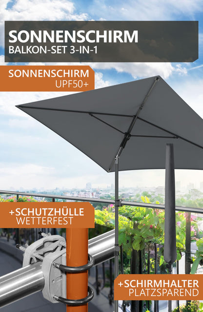 Menz Sonnenschirm Balkon Set 3-in-1 Anthrazit UPF 50+ 200 x 125 cm
