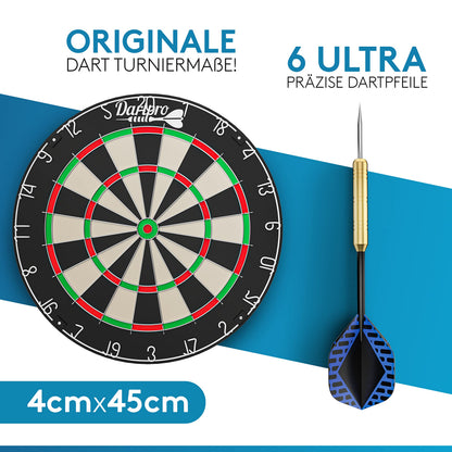 DartPro Steeldartscheibe aus Sisal - Dartboard-Set mit 6 Dartpfeilen