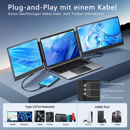 Triple Laptop Screen Extender Tragbarer Monitor – 14'' FHD