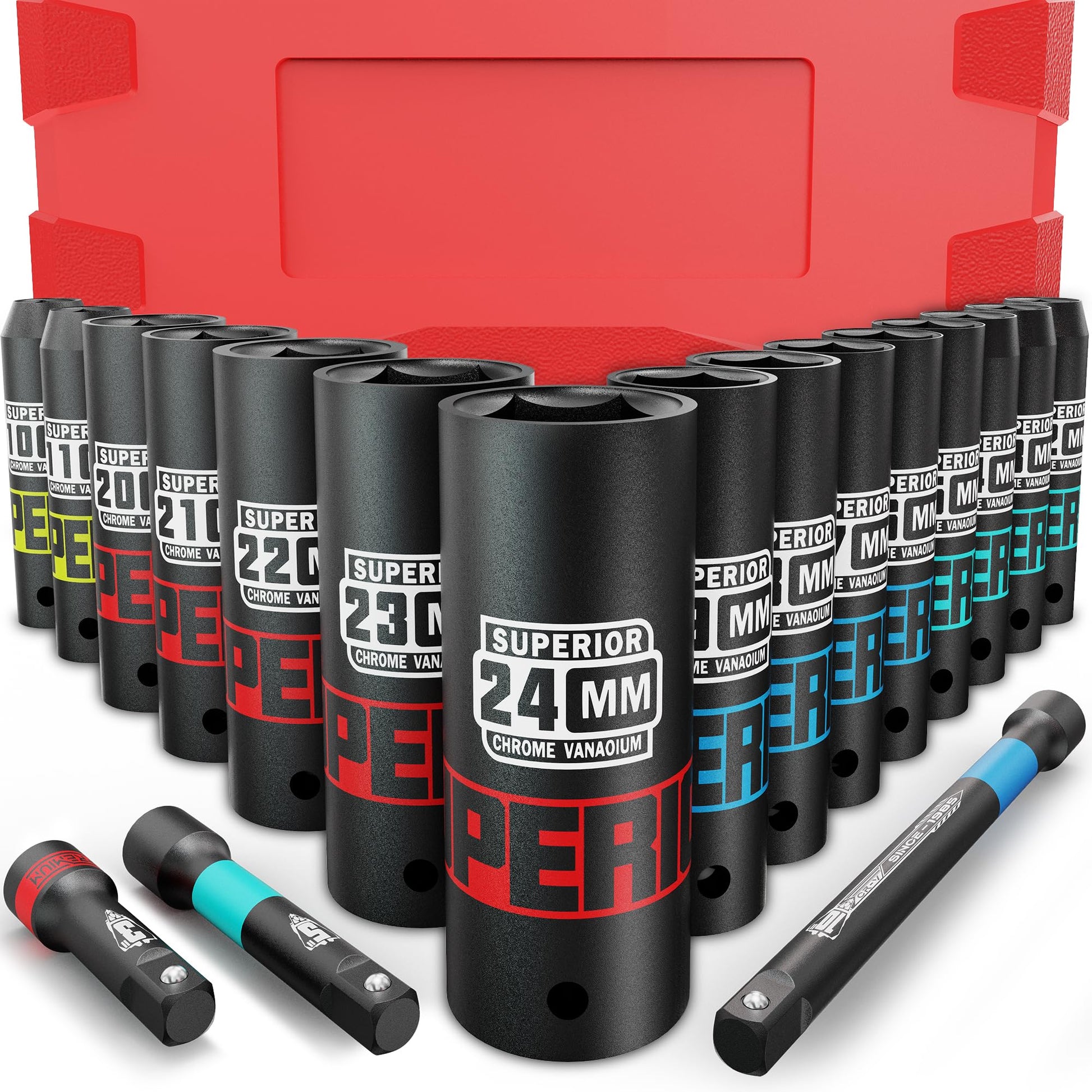 KIRXST Schlagschrauber Nüsse Set 1/2 Zoll, 18-teilig, 10–24 mm – Schlagnüsse im Werkzeugkasten