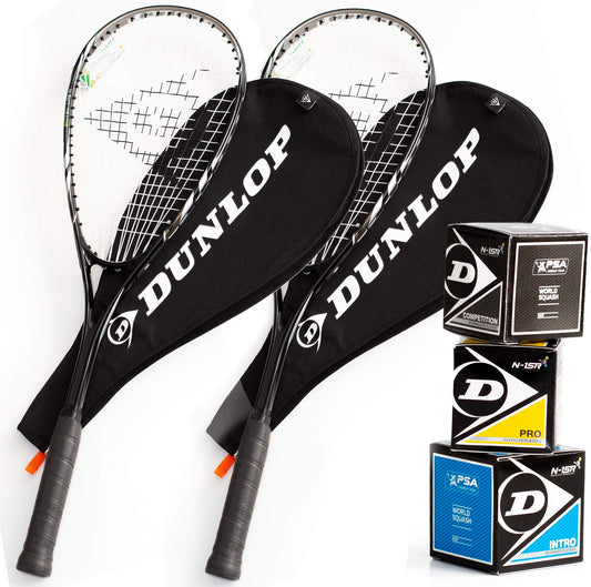 Dunlop Biotec Lite TI Silver Deluxe Squashset – 2 Schläger: Silberne Schläger mit Besaitung zum Spielen von Squash.