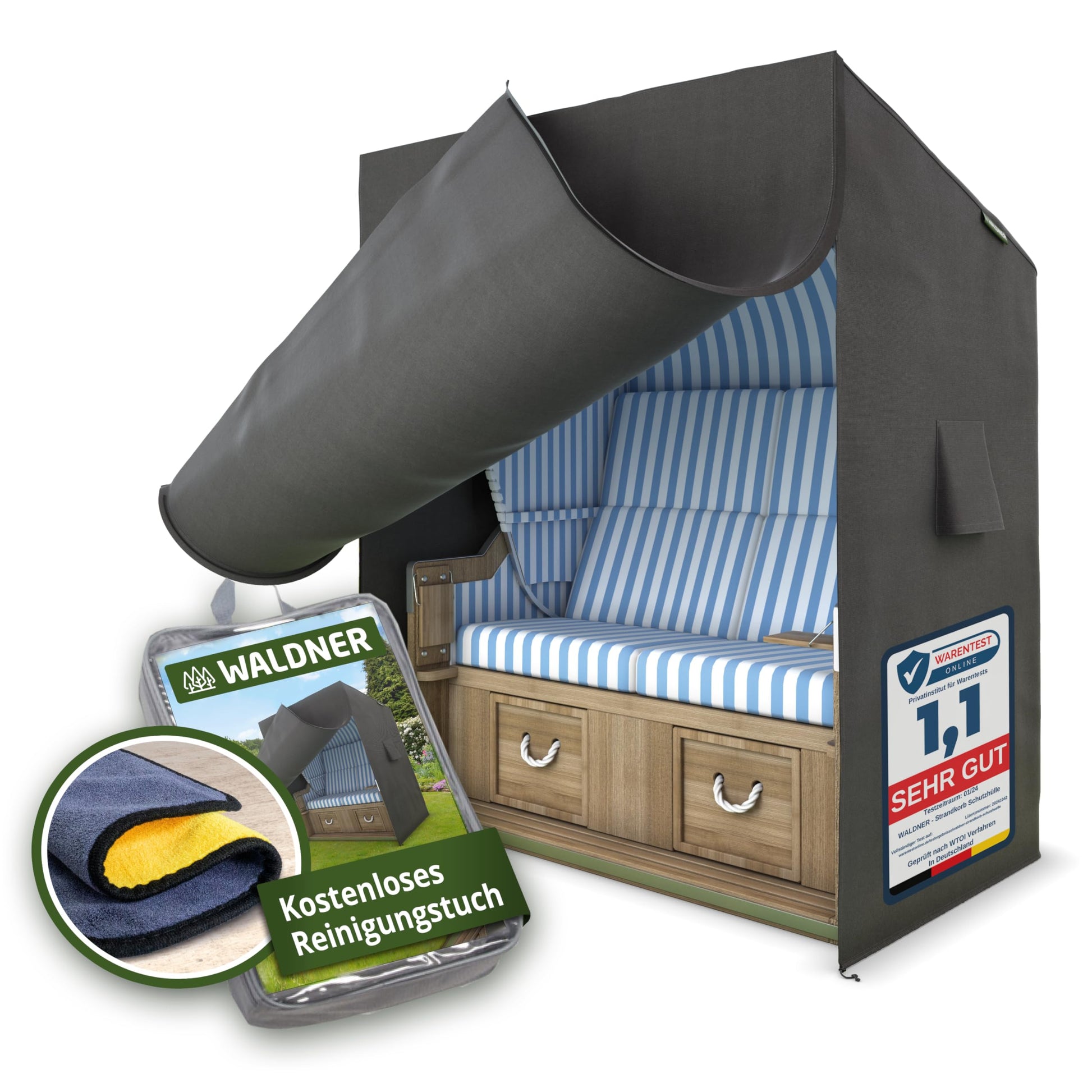 WALDNER Strandkorb Schutzhülle Oxford 600D, 120 x 90 x 160 cm, grau – wasserdicht mit PVC-Innenbeschichtung