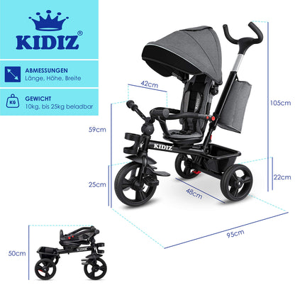 KIDIZ® 6in1 Kinderdreirad lenkbar mit Schubstange klappbar Grau