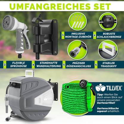 tillvex Schlauchtrommel 20 m mit Wandhalterung und Handbrause, grau