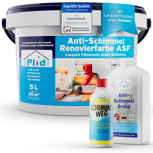 Plid® Anti Schimmel Renovierfarbe Innen Weiss 5L - Sanier-Set. Weißer 5L Eimer schützt Innenwände vor Schimmel.