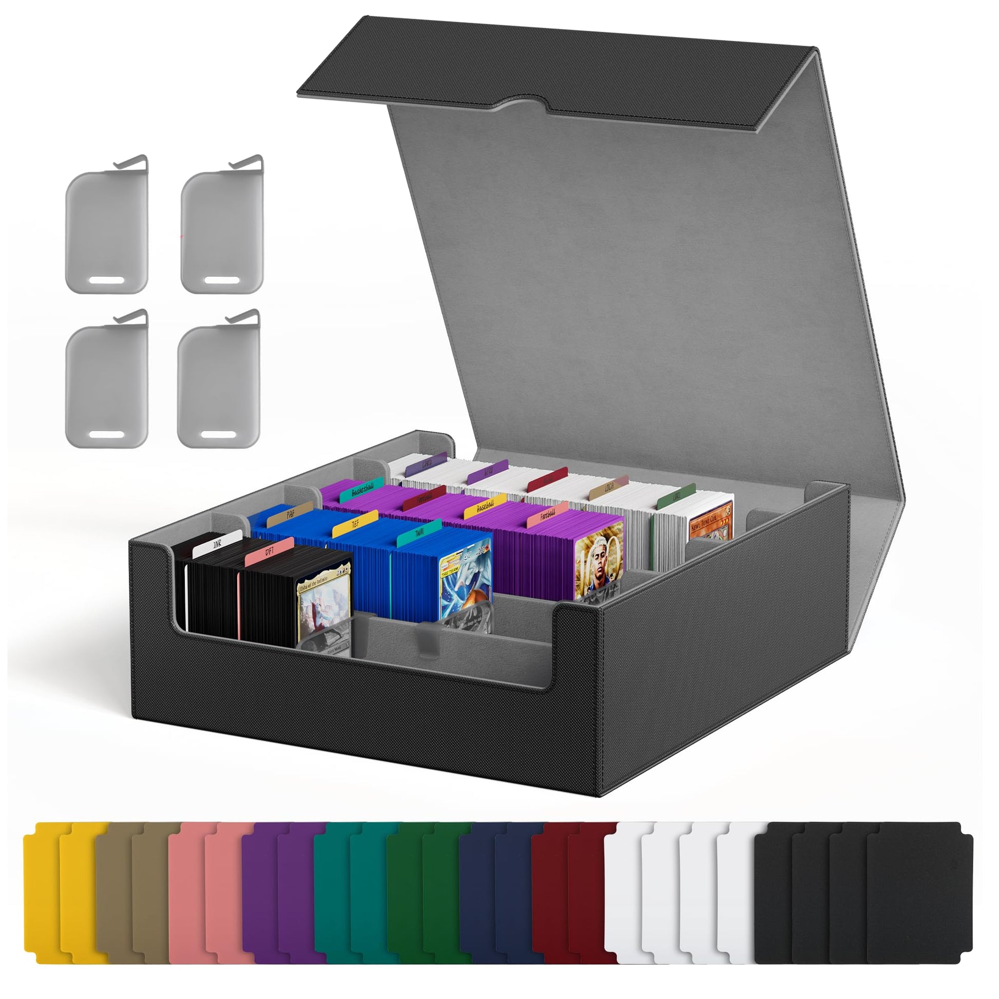UAONO Kartenaufbewahrungsbox für 2400+ Sammelkarten, schwarz-grau – vierreihige Box aus Leder