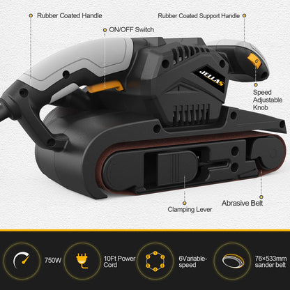 Jellas Bandschleifer 75x533mm – variable Drehzahl, 10 Bänder