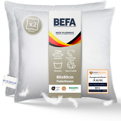 BEFA NATUR Federkissen Kopfkissen Set 80x80 cm (2er). Zwei weiße, quadratische Federkissen. Zur Kopfunterstützung beim Schlafen.