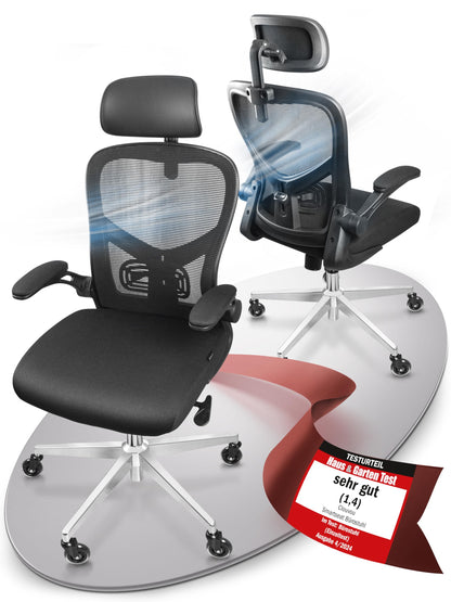 CLOUVOU SmartSeat Ergonomischer Bürostuhl – Testsieger 150kg. Schwarzer Bürostuhl für eine korrekte Sitzhaltung am Arbeitsplatz.