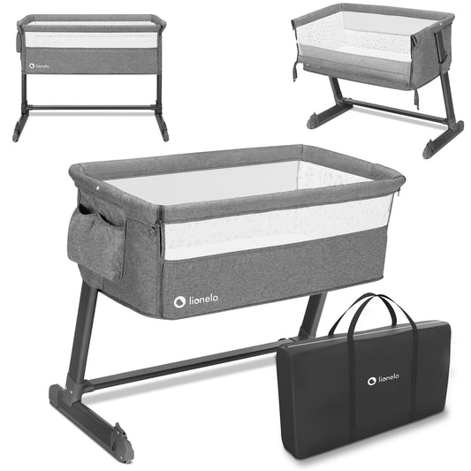 Lionelo Theo 2in1 Babybett Beistellbett Reisebett, graues Kinderbett mit Stoffwänden. Funktioniert als Beistell- und Reisebett.
