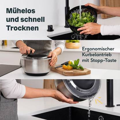 SILBERTHAL Salatschleuder Edelstahl 4,5 l mit Kurbel und Stopptaste