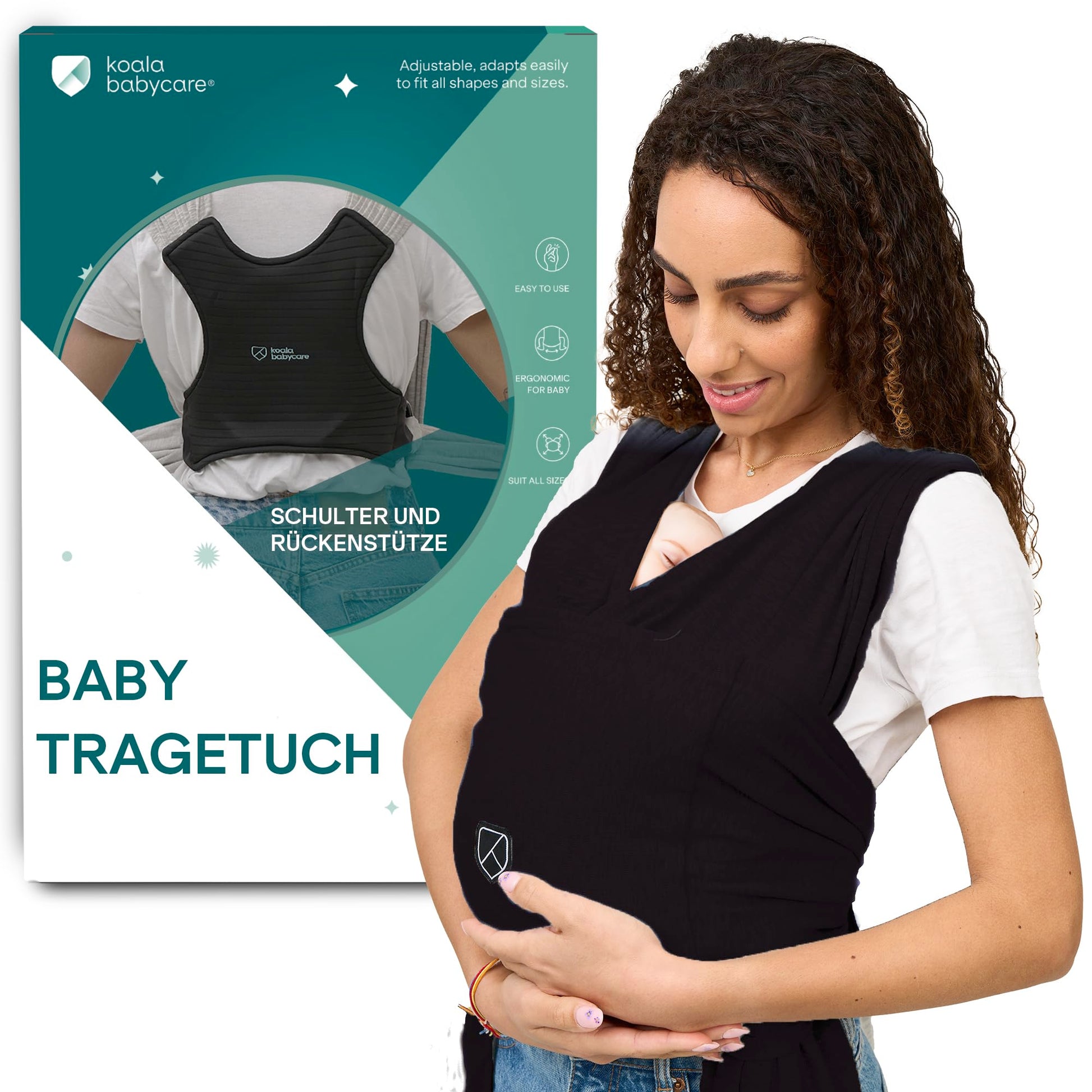 Koala Babycare Tragetuch Babytrage Neugeborene bis 9kg - Schwarz. Schwarzes Tragetuch zum ergonomischen Tragen von Babys bis 9kg.