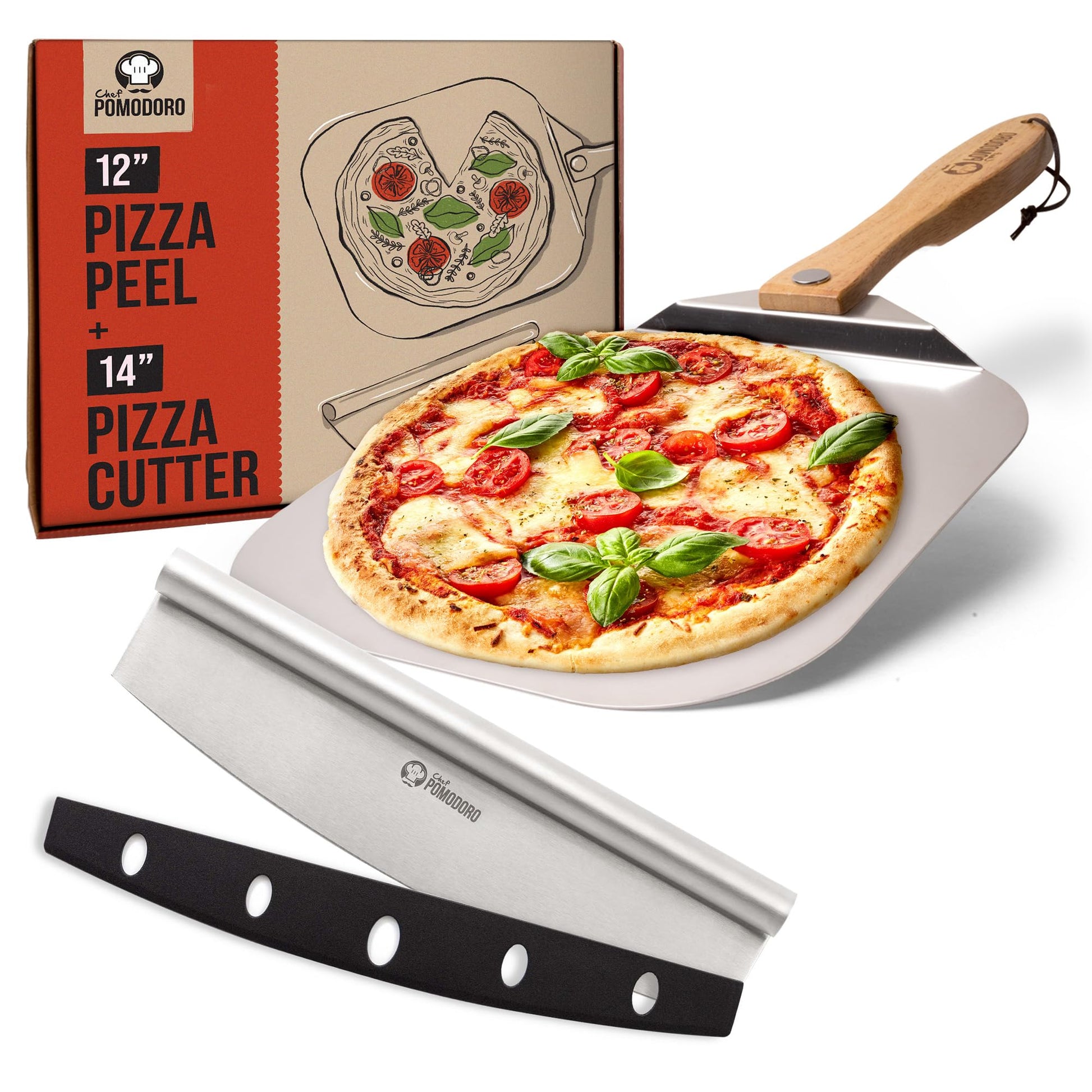 Chef Pomodoro Pizza-Set Pizzaschieber 30 x 36 cm und Pizzaschneider, Aluminium und Edelstahl, mit Holzgriff