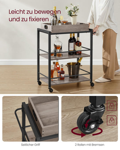 VASAGLE Servierwagen Küchenwagen mit Tablett, Stahl, Greige-Schwarz