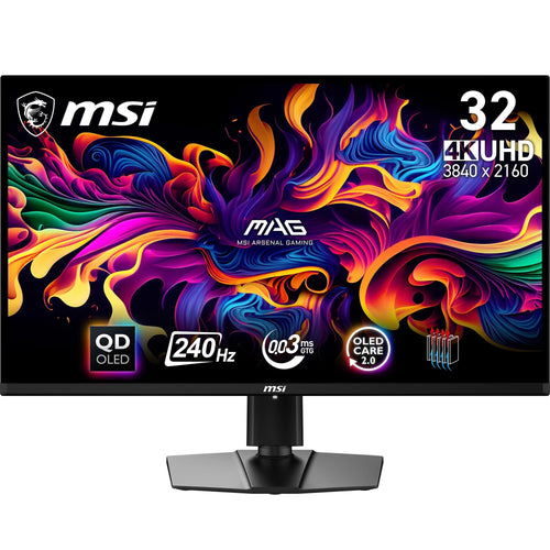 MSI MAG 321UPX QD-OLED 31.5 Zoll 4K Gaming Monitor. Schwarzer, rechteckiger Bildschirm. Stellt 4K-Spielegrafik präzise dar.