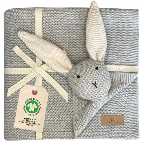 DIKOS SCHMUSE-Hase Babydecke & Kuscheltuch aus Bio-Baumwolle, grau, mit handvernähter Hasenfigur