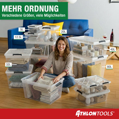 ATHLON TOOLS Aufbewahrungsboxen 40 L mit Deckel, transparent, 4er-Set