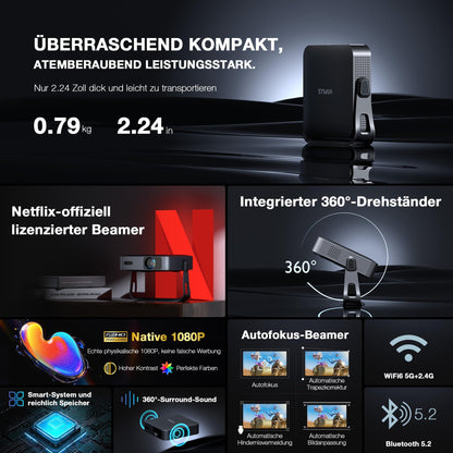 VOPLLS Smart Beamer Netflix Offiziell Mini Projektor - Schwarz