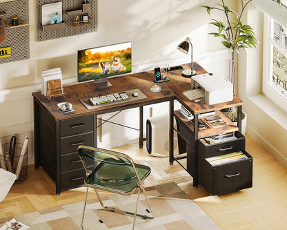 Coleshome Eckschreibtisch mit Schubladen & USB – Braun 140x70cm