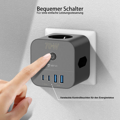 VEFVE Steckdosenwürfel 70 W mit USB-C, 7-in-1 Mehrfachsteckdose GaN