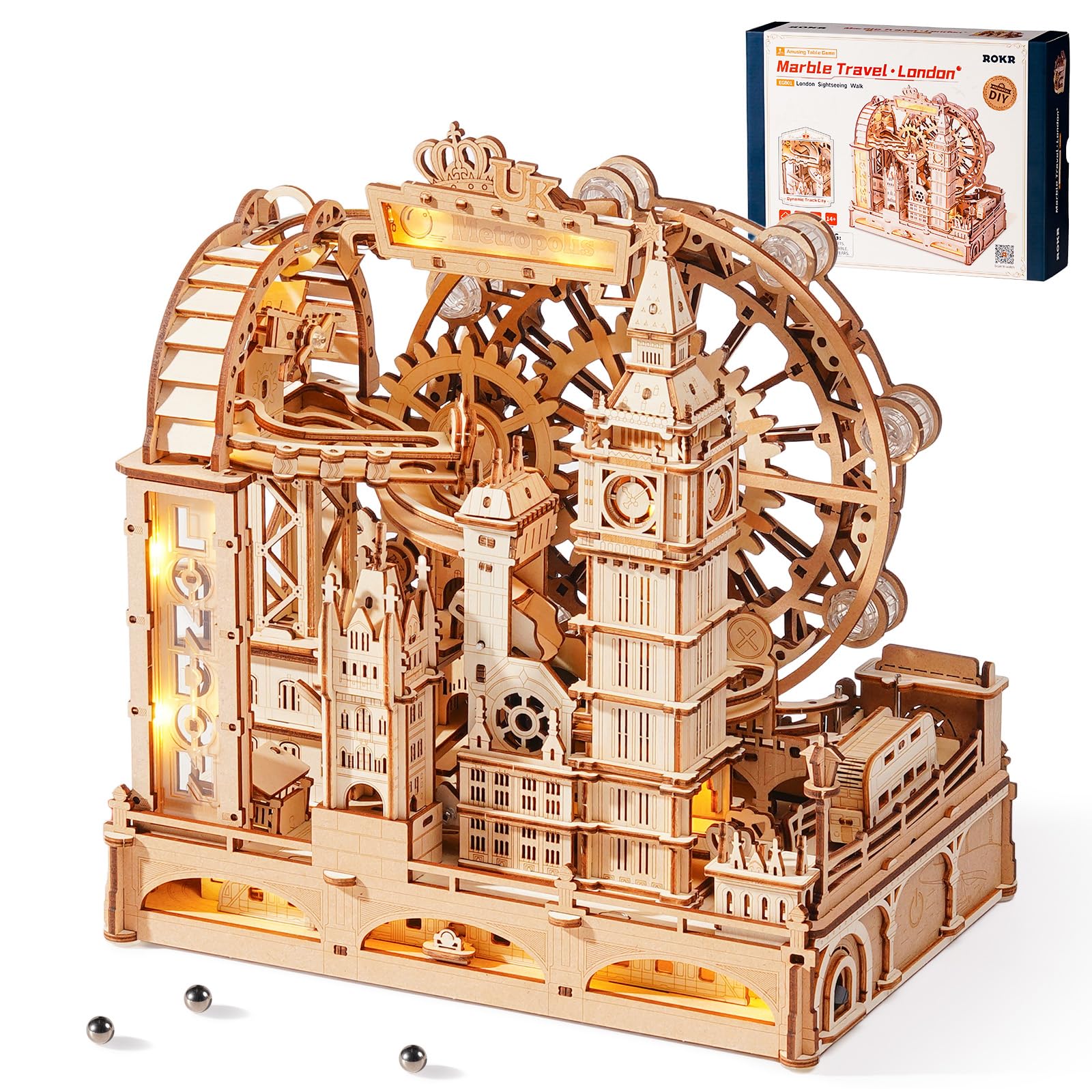 ROKR Marble Travel London EGB01 3D Holz-Puzzle Murmelbahn mit LED, Holzbausatz mit London Eye und Big Ben