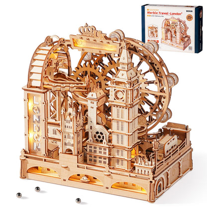 ROKR Marble Travel London EGB01 3D Holz-Puzzle Murmelbahn mit LED, Holzbausatz mit London Eye und Big Ben