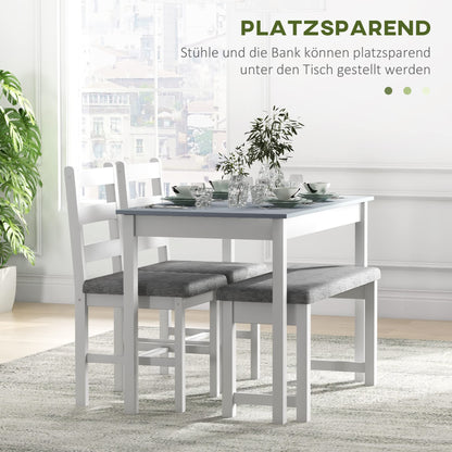 HOMCOM Essgruppe 4-teilig – Tisch, 2 Stühle, Bank Grau/Weiss