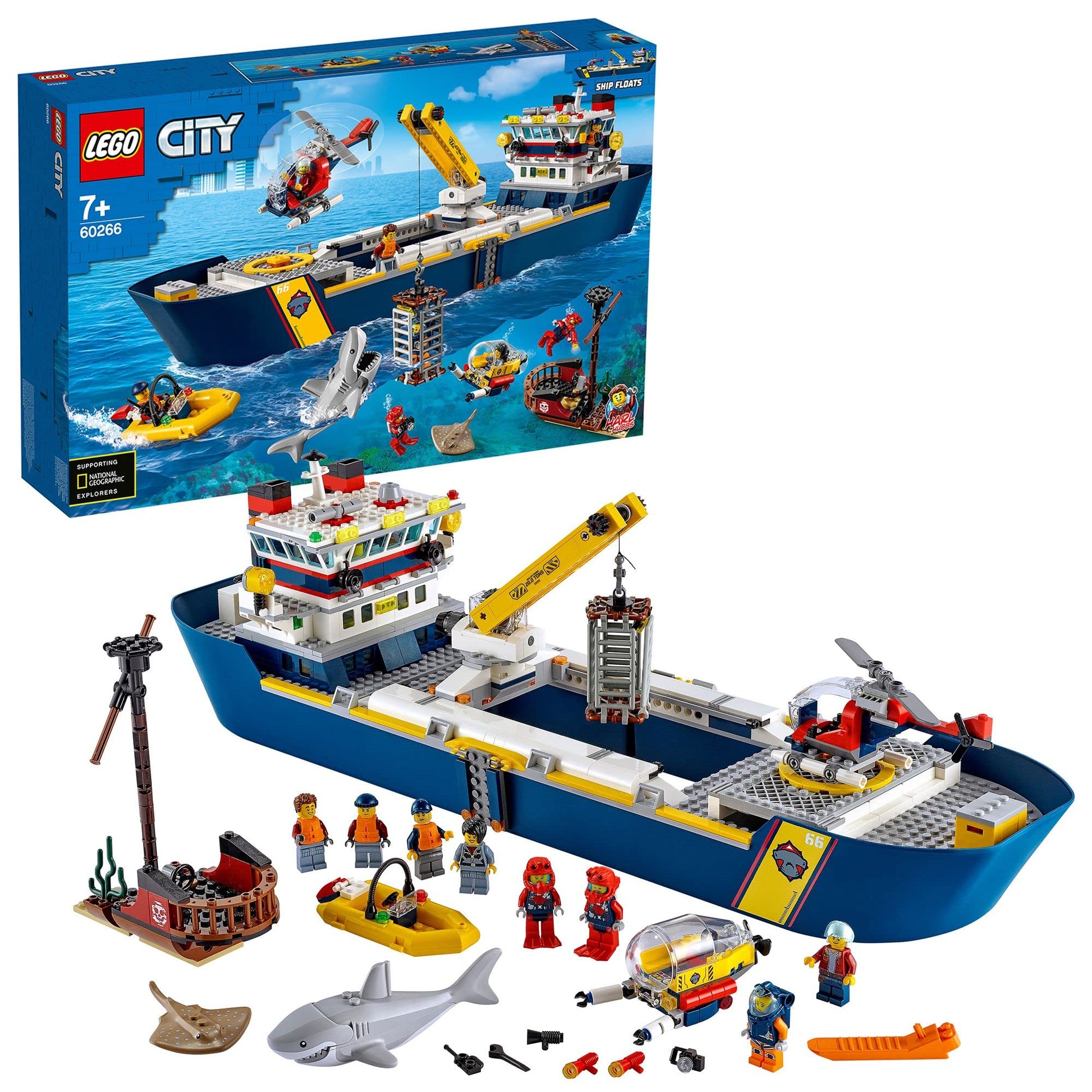 LEGO City Meeresforschungsschiff - Tauchboot Spielzeug. Blau-weißes Forschungsschiff mit gelbem Tauchboot. Dient zur Tiefseeerkundung und zur Untersuchung des Meeresbodens.
