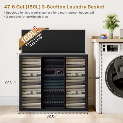 SOLEDI Wäschekorb mit Deckel, 180 L, 3 Fächer, faltbar