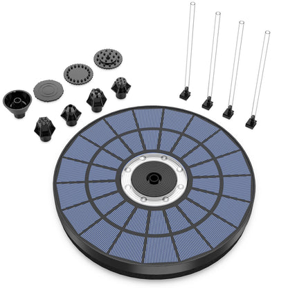 AMZtime Solar Springbrunnen 5.5 W mit LED, Akku und 7 Düsen, Ø 21 cm