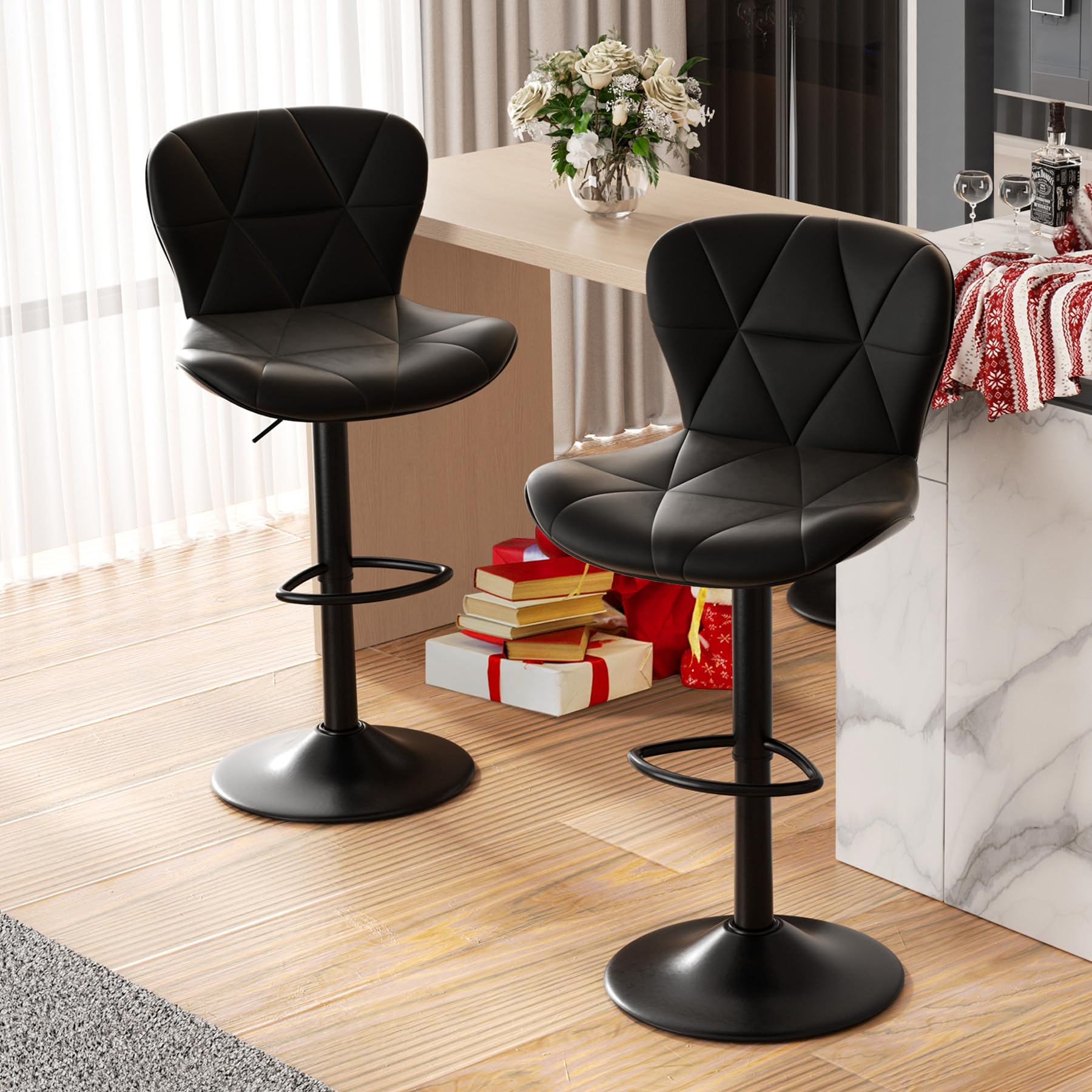 Hawthyhome Barhocker 2er Set Höhenverstellbar mit Rückenlehne – Schwarz. Schwarz, höhenverstellbar. Sitzgelegenheit für Bartheken und Küchentresen.