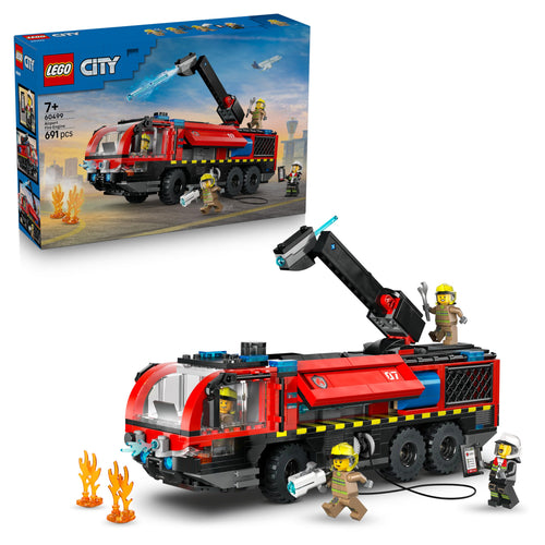 LEGO City Flughafenlöschfahrzeug 60499, Feuerwehrfahrzeug Bauset mit schwenkbarem Löscharm und vier Minifiguren