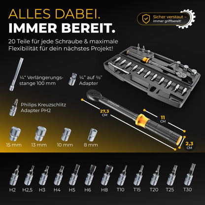 ARMAXAN Drehmomentschlüssel Set 1-25 Nm 20-tlg 1/4 Zoll für Fahrrad