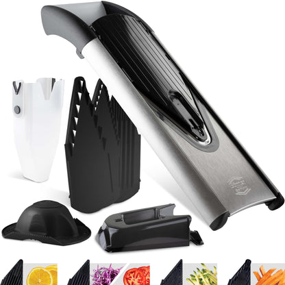 Börner Gemüsehobel V6 Edelstahl Mandoline - Profi Set. V-förmiger Edelstahl-Hobel zum präzisen Hobeln von Gemüse in Scheiben, Streifen und Würfel.