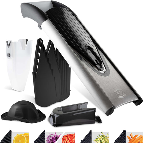 Börner Gemüsehobel V6 Edelstahl Mandoline - Profi Set. V-förmiger Edelstahl-Hobel zum präzisen Hobeln von Gemüse in Scheiben, Streifen und Würfel.