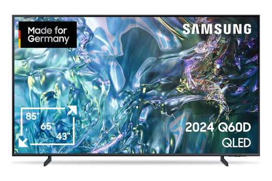 Samsung QLED TV 4K Q60D Fernseher. 65 Zoll großer schwarzer Flachbildschirm zur Darstellung von 4K/UHD-Inhalten im Heimkino.