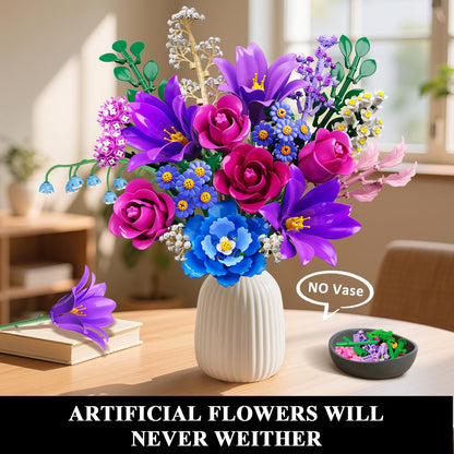 CUBIMANA Blumenstrauss Klemmbausteine mit LED-Licht, 21 Blumen, lila