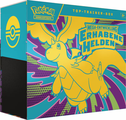 Pokémon Sammelkarten Top-Trainer-Box Mega-Entwicklung Erhabene Helden – Sammelbox mit 9 Boosterpacks und Zubehör
