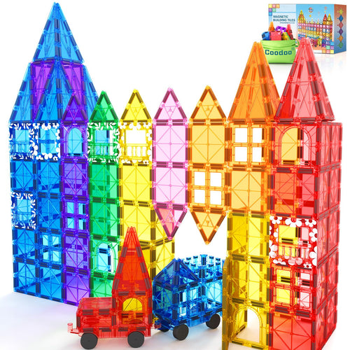Coodoo Magnetbausteine 100-teilig, STEM Bauspielzeug mit 2 Autos, aus lebensmittelechtem ABS-Kunststoff