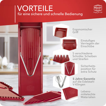 Börner Gemüsehobel V1 Starter Set – V-Hobel mit Fruchthalter, Rot