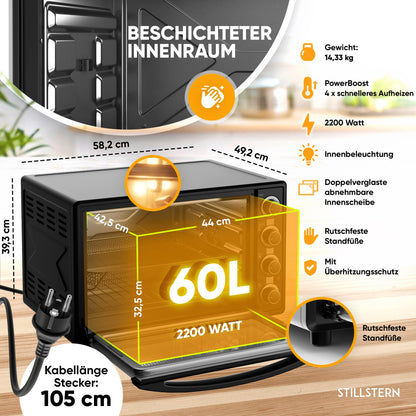 Stillstern CYCLONE PRO+ Minibackofen 60L mit Umluft Airfryer