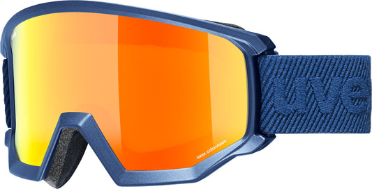 uvex athletic CV Skibrille - Navy Matt/Orange-Green. Rahmenlos, navy matt/orange-grün. Sphärische Doppelscheibe für kontrastverstärkendes, verzerrungsfreies Sehen beim Skifahren.
