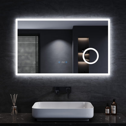 SONNI LED Lichtspiegel 100x60cm, rechteckig. Bietet 3 Lichtfarben, Uhr, Vergrösserung und erleichtert präzise Gesichts- und Körperpflege.