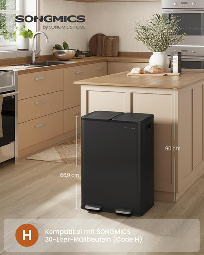 SONGMICS Tretmülleimer 2x30L, 2 Fächer, Softclose, Stahl – Tintenschwarz LTB741B02