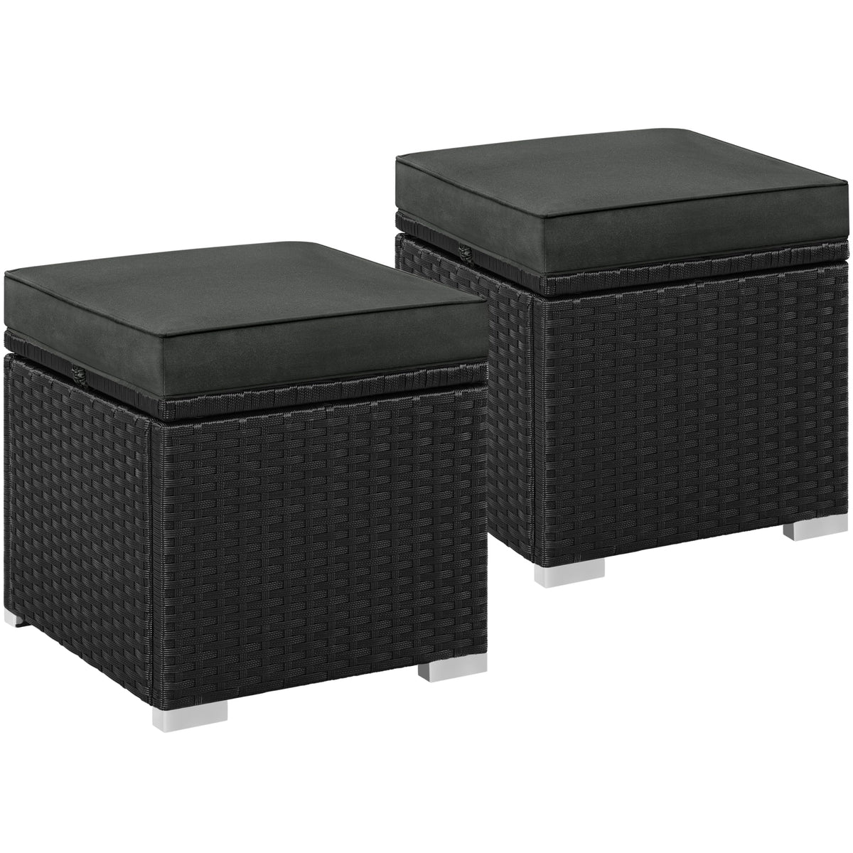 Yaheetech Rattanhocker 2er-Set mit Stauraum und Kissen, Schwarz-Grau – Hocker mit Deckel und Rattangeflecht